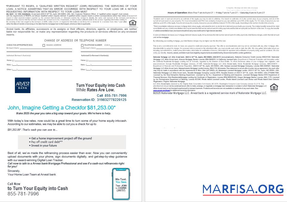 Downloadable USA Arvest bank mortgage loan statement in Word and PDF formats , 4 pages 3 4 template